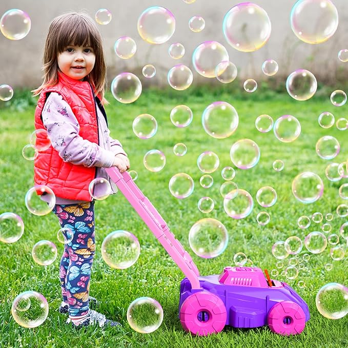 Bennol Pink and Purple Bubble Lawn Mower for Toddlers, Kids Automatic Bubble Blower Maker Machine, Outdoor Gardening Push Toys, Birthday Gifts for Preschool Baby Girls Boys