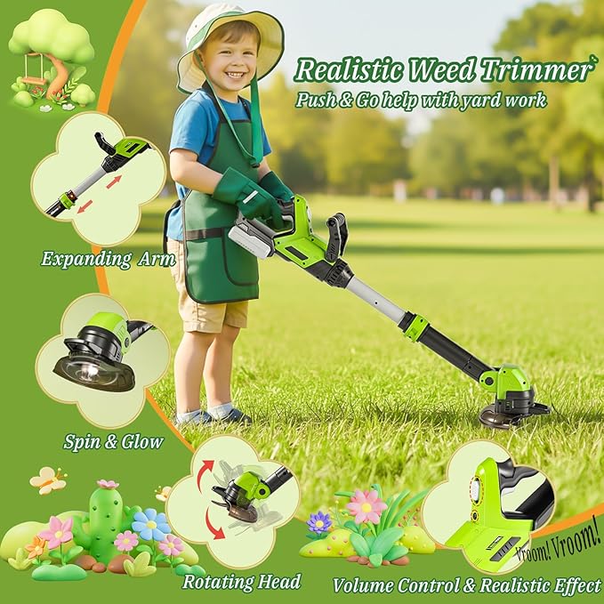 UPGRADED Kids Tool Set, 3-IN-1 Toddler Power Garden Tools with Sounds & Lights, Volume+/-, Toy Weed Wacker, Leaf Blower & Hedge Trimmer, Hat, Gloves, Apron, Toy Tools Christmas Birthday Gifts for Boys