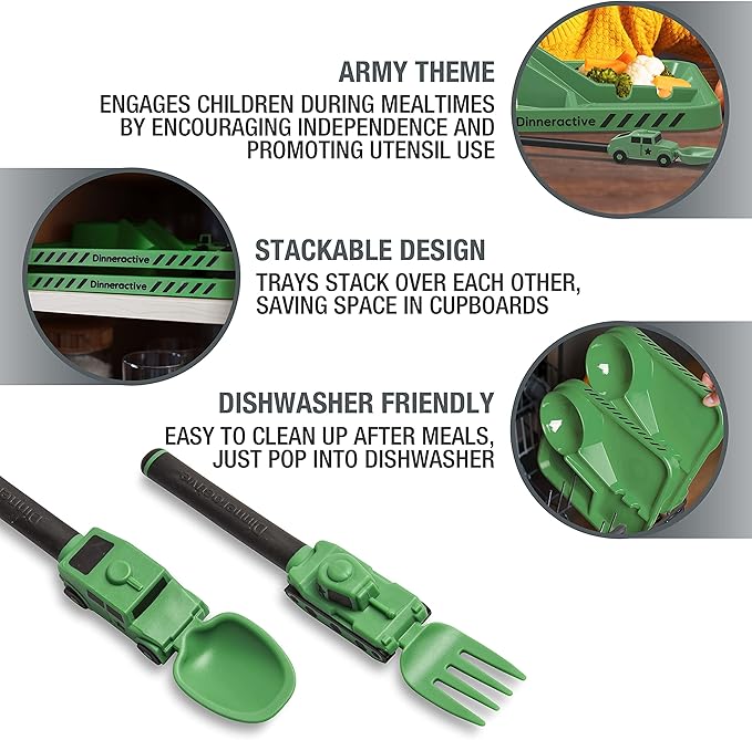 Dinneractive Dining Set For Kids - 3PC Green Army Dinnerware - Army Truck Tank Utensils - Toddler Plates - Baby Dishes