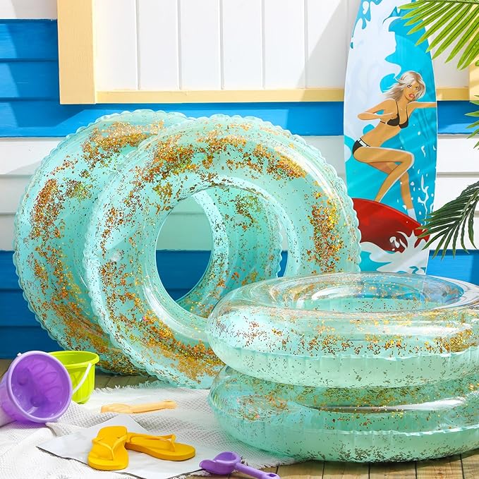 ShinyRelief 4 Pcs Inflatable Glitter Pool Float 30'' Macaron Swim Tube with Gold Confetti Swim Inner Tube for Adults Pool Floats Rings for Summer Beach Swimming Pool Bachelorette Party