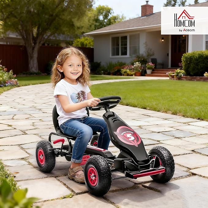 Aosom Kids Pedal Go Kart Ride-on Toy with Ergonomic Comfort, Pedal Car with Tough, Wear-Resistant Tread, Go Cart Kids Car for Boys & Girls with Suspension System, Safety Hand Brake, Ages 5-12, Red
