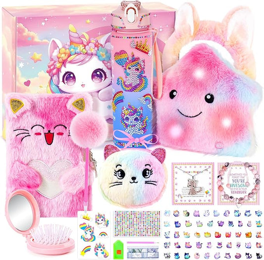13PCS Unicorn Cat Toys Gifts for Girls 4-6 7 8 9 10 Years Old, Girls Birthday Gifts Set with Light Up Star Pillow DIY Water Bottle Kits, for Daughter Niece Christmas Birthday Baskets for Kids