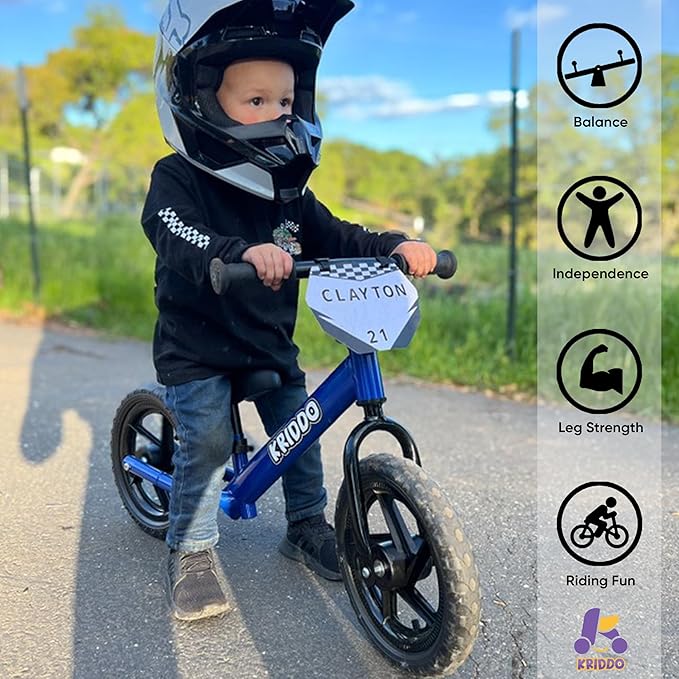 KRIDDO Toddler Balance Bike 2 Year Old, Age 18 Months to 5 Years Old, 12 Inch Push Bicycle with Customize Plate (3 Sets of Stickers Included), Steady Balancing, Gift Bike for 2-3 Boys Girls, Blue