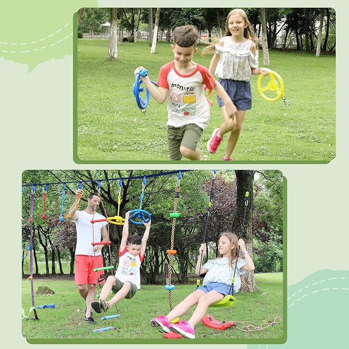 Craft Ninja Warrior Obstacle Course Accessories Kids Outdoor Play - 7pc Rings, 2pc Swing Trapeze Wheels & 2pc Monkey Bars