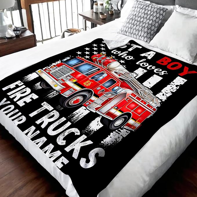 Custom Fire Truck Blanket for Boys, Cute Throw Blanket Gifts for Kids Truck Lovers, Personalized 60x80 Inches Black Soft Fuzzy Blankets for Sofa Couch Bed Travel