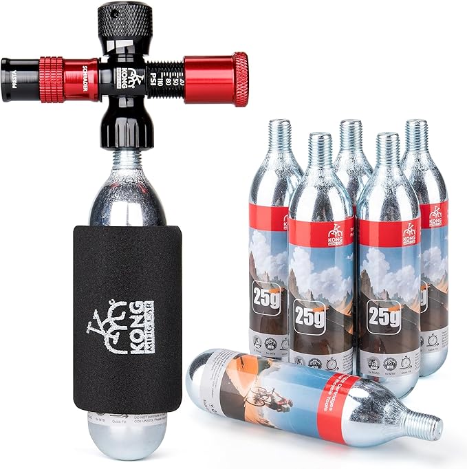 CO2 Inflator Kits with 6 X 16g / 25g CO2 Threaded Cartridges for Bike Tires, Presta and Schrader Valve Compatible, CO2 Bike Tire Pump for Mountain and Road Bicycles