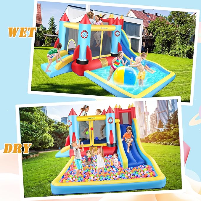 Inflatable Bounce House for Kids 146 x 132 x 82 inch, Indoor/Outdoor Bouncy House with Large Splashing Pool, Bouncing Area, 2 Water Slides,Climbing Wall, UL Certified Blower Included1