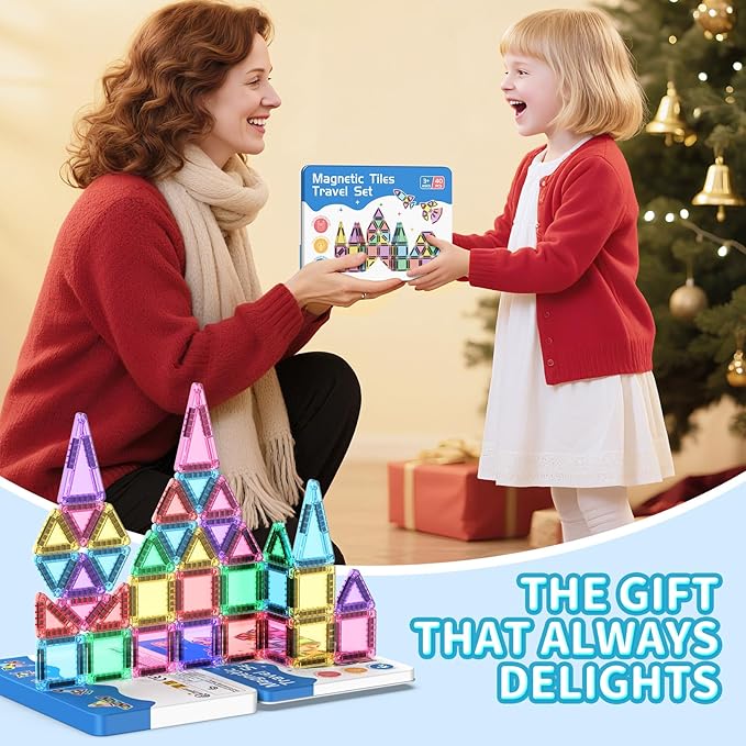 40PCS Mini Magnetic Tiles Travel Set, Portable STEM Building Blocks for Kids with Metal Storage Box, Montessori Sensory Toys for Classroom & Travel, Christmas Gift for Boys & Girls