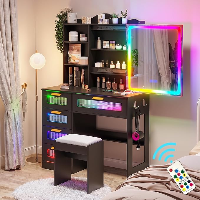 HNEBC Vanity Desk with Sliding Mirror and LED Lights, RGB Vanitys with Charging Station, Makeup Vanitys with Remote Control, White Dresser with Stool/Lager Drawers for Bedroom (Black)