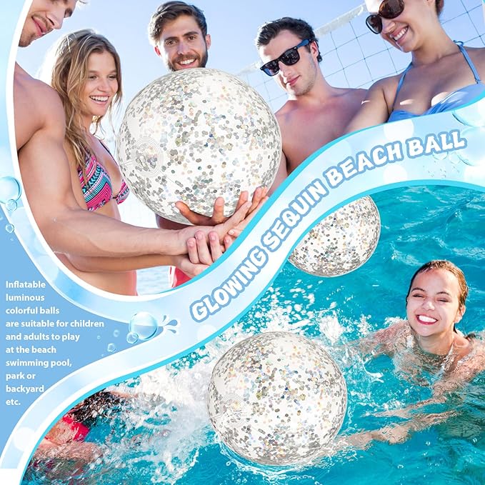 12 Pack 12 Inch Glow in the Dark LED Beach Ball Jumbo Confetti Glitters Inflatable Ball Swimming Pool for Party Pool Summer(Silver)