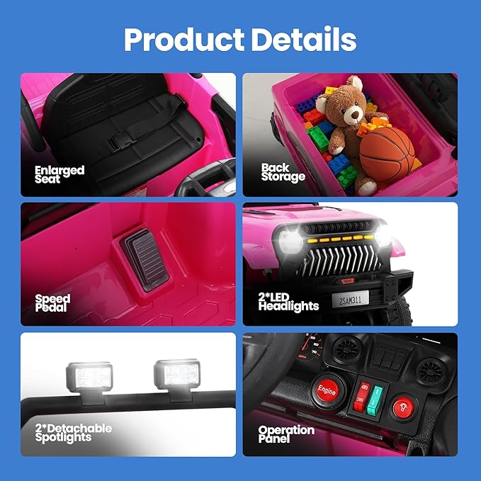 12V Power Wheels Jeep for Kids - Ride On Truck Car w/2WD/4WD Switch w/Parent Remote Control, 6 Wheels Suspension Electric Car for Kids, Pink