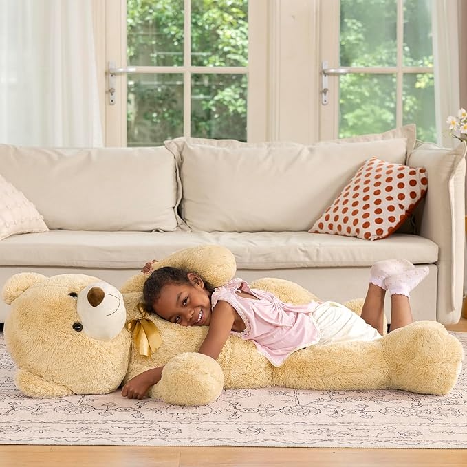 MaoGoLan Giant Teddy Bear Stuffed Animal, 52" Large Tan Teddy Bear Plush Toy with Cute Bow Tie & Footprints, Soft Sunggle Bear Plushies Gift for Kids Grilfriend Wife on Christmas Birthday Baby Shower