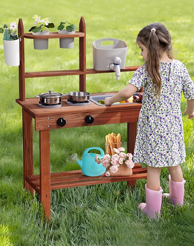 ROBUD Mud Kitchen for Kids Outdoor, Wooden Outdoor Play Kitchen, Kids Mud Kitchen with Removable Sink & Faucet, Monteeori Toys for Children Ages 3+ Years, WG404