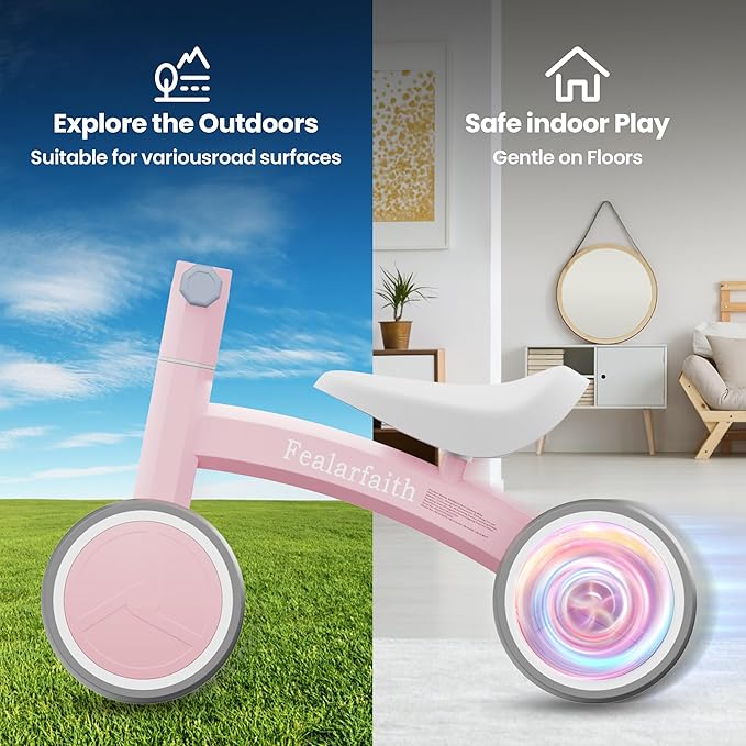 Baby Balance Bike for 1 Year Old Boys Girls, Toddler First Bike with 4 Colorful Lighting Wheels | 10-36 Month Toddler Balance Bike | First Birthday Gifts (Baby Pink)