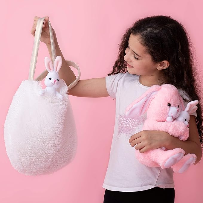 Perfectto Design Easter Gifts for Kids, Stuffed Bunny Toy 5 Pcs - Mommy Stuffed Rabbit, 2 Baby Bunnies and Furry Bag. Soft Easter Bunny Plush Gift for Kids 3-5
