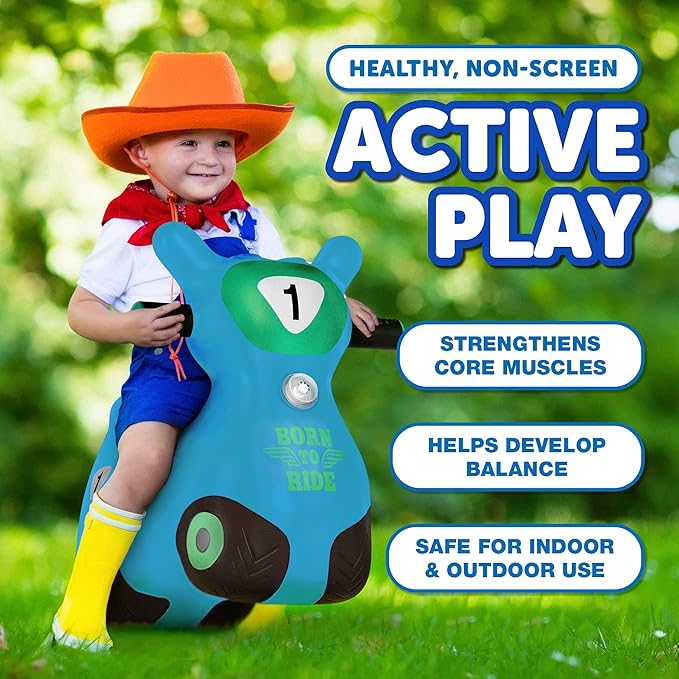 Waddle Bouncy Hopper Inflatable Hopping Animal Scooter, Indoors and Outdoor for Toddlers and Kids, Pump Included, Boys and Girls Ages 2 Years and Up (Blue Zoomer)