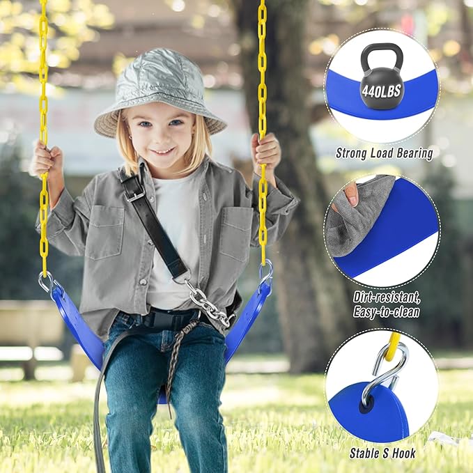 RedSwing 2 Pcs Kids Belt Swing, EVA Swings Seat with 2 Heavy Duty Metal Chains, Playground Tree Swing Set Accessories, Safe and Durable, for Outdoor Backyard and Playground Play, Blue