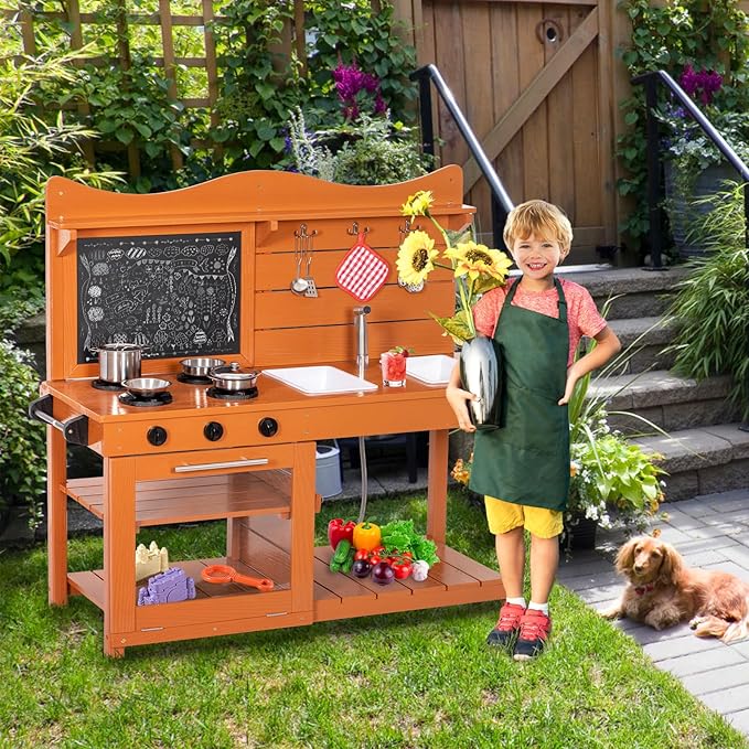 Kitchen Playset for Kids, Outdoor Wooden Mud Kitchen Set w/2 Removable Sinks & Spray Pipe, Backyard Garden Toddler Pretend Play Kitchen w/Blackboard, Kitchenware, Stove, Gift for Boys Girls