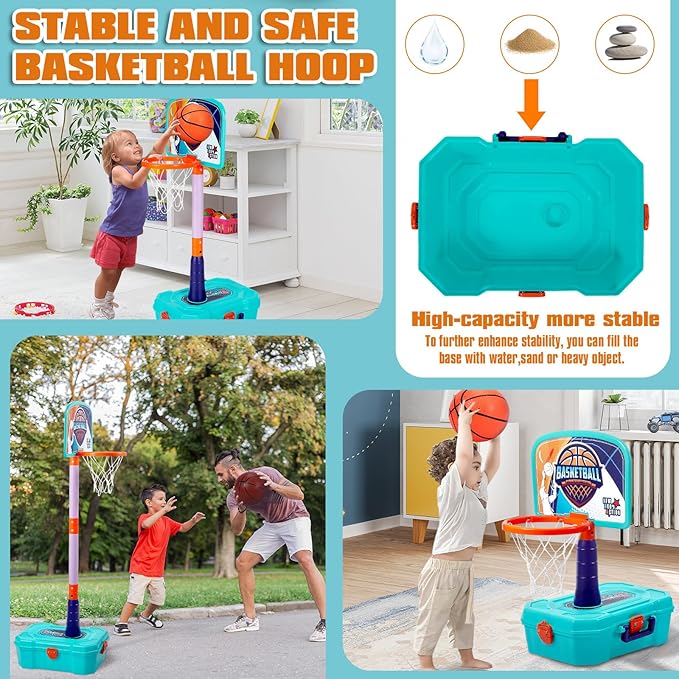 4 in 1 Toddler Basketball Hoop and T Ball Set - Adjustable Kids Basketball Goal Baseball Tee with Pitching Machine - Christmas Birthday Indoor Outdoor Sport Toy Games Gifts for Boys Girls Age 3-5