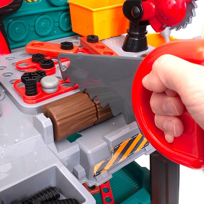 Amazon Basics Kids Workbench Construction Toy Tool Set Playset with 80 Pieces Including Tools, Accessories, Play Helmet & Play Safety Goggles, for Kids Ages 3 and Up, Multicolor, Medium