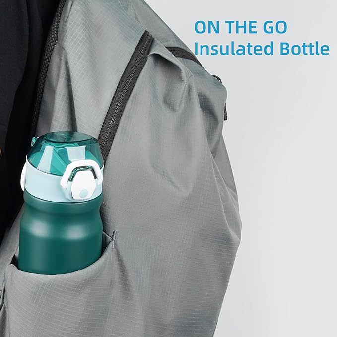 Insulated Water Bottle with Straw and Carry Loop,18 oz Stainless Steel Double Wall Vaccum Metal Water Flask with Leak-proof Lid,Dark Green