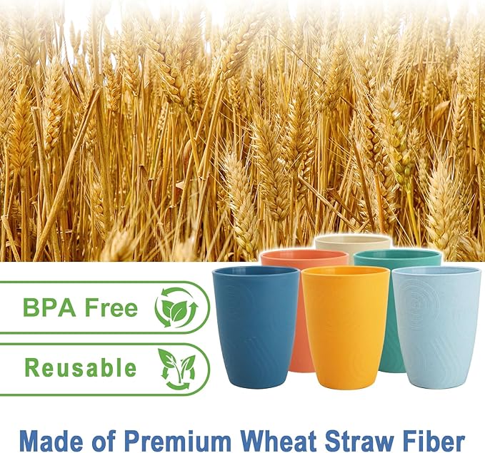 12 oz Wheat Straw Cups Set of 6, Alternatives to Plastic Cups Reusable, Unbreakable Drinking Glasses, Dishwasher Safe Drinking Cup, Small Water Cup for Kitchen (Multicolor)