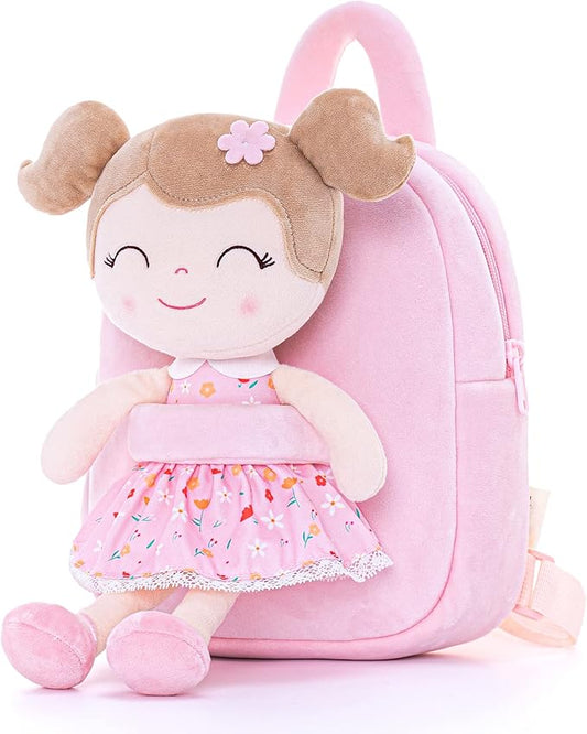 Gloveleya Kids Backpacks Girls Backpack Plush Bags Diaper Bag Backpack with Floral Doll Pink