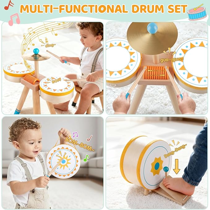 Kids Wooden Drum Kit, Montessori Musical Instruments for Toddlers, Baby Percussion Set Music Toys with Cymbal, Pedal Bass Drum & 2 Drumsticks, Educational Learning Birthday Gift for Boys Girls Ages 3+
