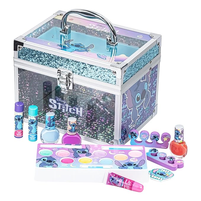 Stitch Train Case Beauty Set, Kids Makeup Kit for Girls, Real Washable Makeup Set, Play Makeup, Party Favor, Birthday, Ages 3 4 5 6 7 8 9 10 11 12 by Townley Girl