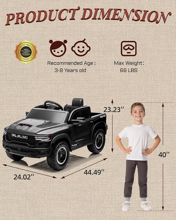 First Ride On 12V Licensed Ram 1500 Ride on Toy for Kids, Toddler Ride on Pickup Truck with Parent Remote Control, Electric Car for Kids with Truck Bed Storage, 3 Point Safety Belt (Black)