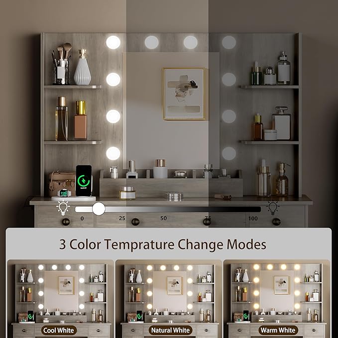 Vanity Desk with Mirror and Lights,Grey Makeup Vanity with Charging Station & Stool, 3 Drawers and Cabinets, Farmhouse Vanity Mirror with RGB LED Lights Makeup Desk and Chair for Women