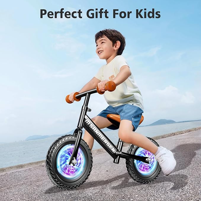 Colorful Lighting 12 Inch No Pedal Balance Bicycle Bike for Kids,Age 24 Months to 5 Years Old Lightweight Steady Balancing Bike with Adjustable Handlebar&Seat,Birthday Gift for 2 3 4 5 Year Old