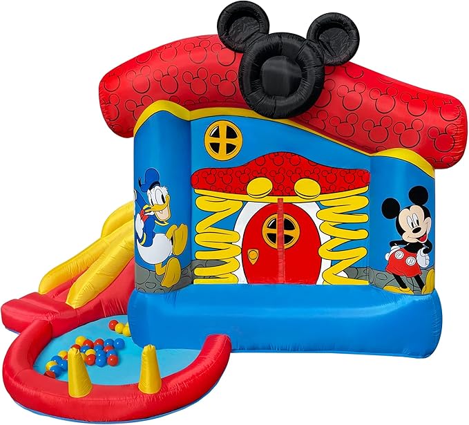 Funormous Disney Mickey Mouse Bounce House with Slide, Indoor Outdoor Inflatable Bouncy Castle Funhouse Ball Pit Plus Heavy Duty Air Blower