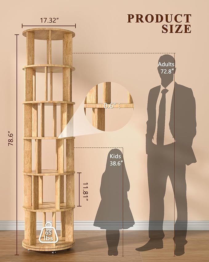 6-Tier Solid Wood Rotating Bookshelf on Wheels, 360° Spinning Book Shelf Tower, Round Revolving Bookcase Organizer, Rolling Bookshelves for Small Spaces, Corner, Bedroom, Kids Room, Office, Natural