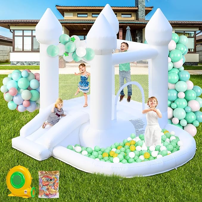White Bounce House, Inflatable Bounce House with Ball Pit & Slide, Kids Indoor Bounce House Portable Fun House Outdoor Bounce House with Blower for Birthday Party, Wedding Decor
