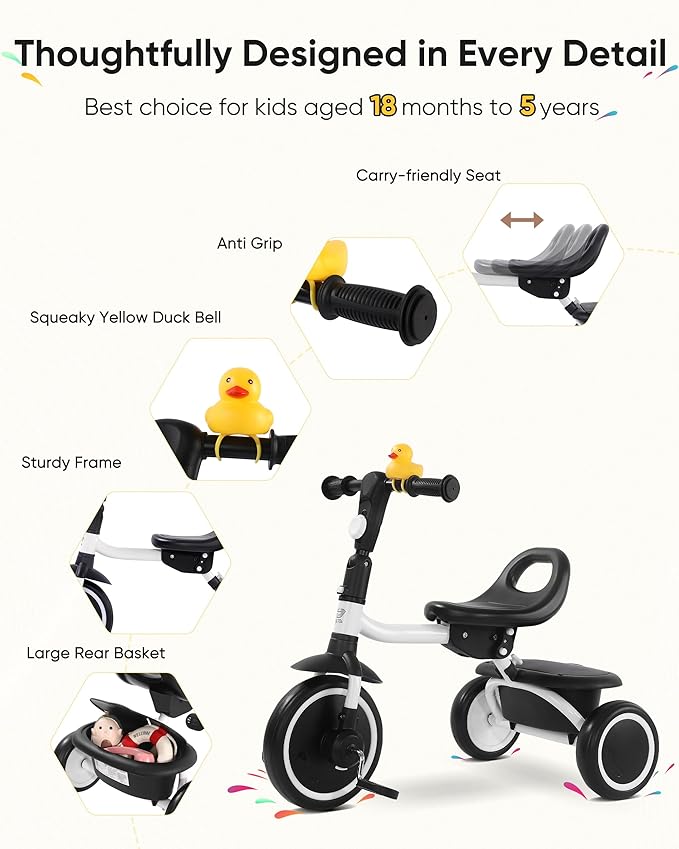 Toddler Tricycle for 18 Months to 5 Years, Foldable Tricycles for 3-5 Year Olds, Kids Tricycle with Adjustable Carry-Friendly Ergonomic Seat and Covered Large Basket, White