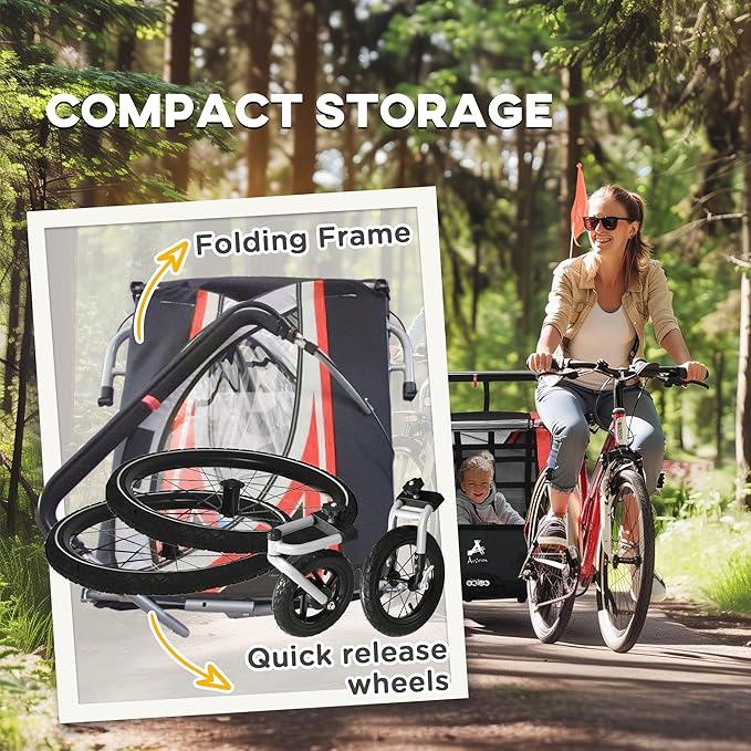 Aosom 3-in-1 Walk/Jog/Ride Child Baby Bike Trailer for Kids 2 Seater, High-Visibility Bike Stroller for Toddler Wagon, Weather-Strong Double Bicycle Trailer Accessory for Kids