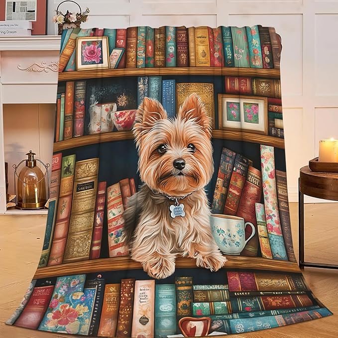 Yorkie Blanket for Boys Girls, Book Lover Flannel Throw Blanket, Fleece Soft Cozy Yorkshire Dog Blankets Gift for Women Men Couch Sofa Bed 60" x 50"
