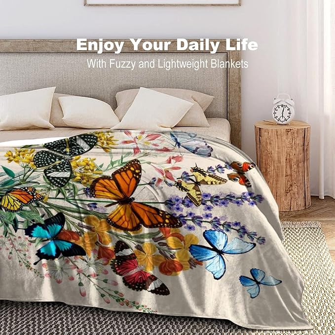 Butterfly Blanket Beautiful Throw Blanket Ultra Soft Flannel Vintage Botanical Butterflies Blanket Gifts for Kids Adults 80"X60"