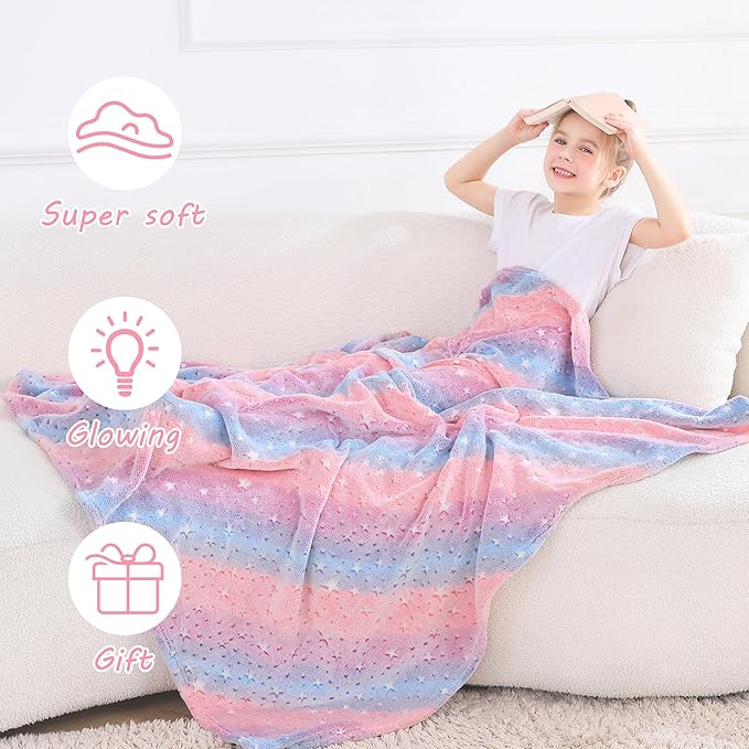 Softan Kids Stars Throw Blanket Glow in The Dark, Kids Blanket Gifts for Girls & Boys, Soft Cozy Flannel Luminous Stars Blanket for Sofa Couch Bed, Christmas Birthday Gift Toddler, 50x60IN
