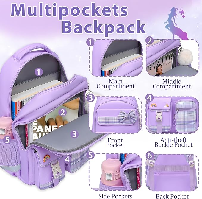 School Backpack for Girls Kids Bookbag for Elementary Middle School Casual Travel Daypack Teen Backpacks Purple