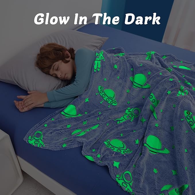 QSTEHEML Space Glow in The Dark Blanket,Galaxy Gifts Toys for Kids Boys Age 3-12 Years Old,Birthday, Decor for Child, Toddler, Teen and Grandkids Soft Throw 50"×60"