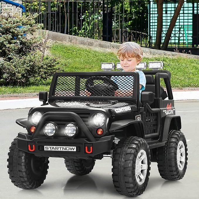 Costzon 2-Seater Ride on Truck, 12V Battery Powered Electric Vehicle w/Remote Control, 2 Speeds, Spring Suspension, LED Light, Horn, Music/ MP3, 2 Doors Open, Ride on Car for Kids (Black)