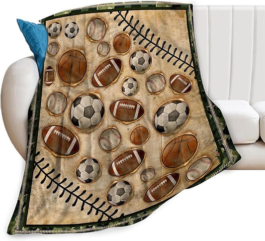 Vintage Sports Soccer Blanket Ultra Soft Cozy Plush Baseball Basketball Football Throw Blanket Sport Ball Fans Lovers Gifts Kids Adults Lightweight Flannel Comfy Blankets for Couch Sofa Bed 50"x40"