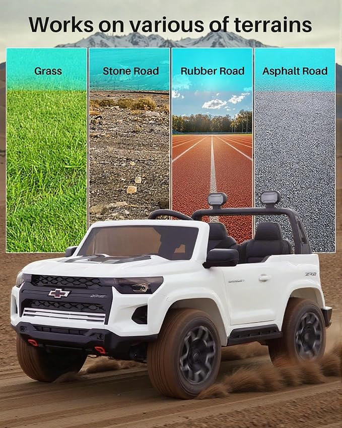 Joywhale 24V Ride on Truck 4WD Kids Electric Vehicle Licensed Chevorlet Ride on car with 7AH Big Battery, 320W Powerful Motors. 2 Seats, Music, 4 Wheel Suspension, 2 Speeds, LED Lights, White