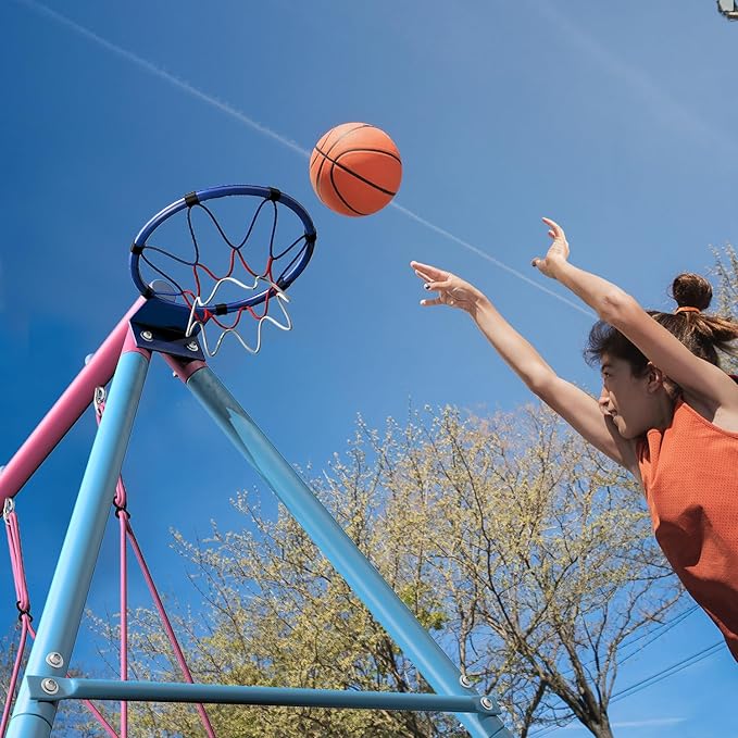 4-in-1 Swing Set 440lbs, Outdoor Swing Sets for Backyard for Kids, 1 Saucer 32", 1 Belt Swing, 1 Basketball Hoop & 1 Led Light with Heavy Duty Metal A-Frame Stand & Anchors for playset