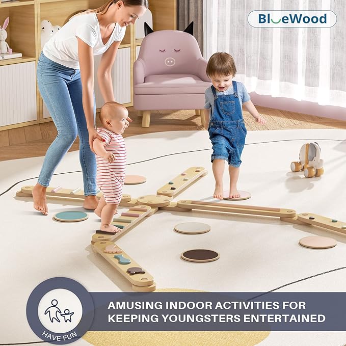 BlueWood Balance Beam for Kids 3-5, Toddler Sensory Wooden Toys and Stepping Stones, Build Coordination Gymnastics Obstacle Motor Skill for Kid