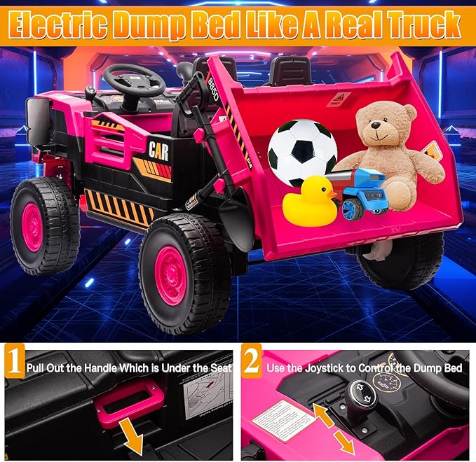 12V 10AH 2-Seater Kids Ride on Truck Electric Toy Car with Electric Dump Bed, Parents Remote Control Kids Car Tractor Toys Ride-on Dump Truck for Boys and Girls Ages 3+, Pink