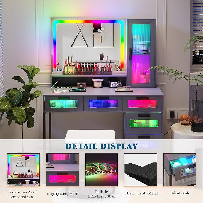HNEBC RGB Vanity Desk with Mirror and Lights, LED Vanity Makeup Desk with USB/Wireless Charger Station, Vanities Dressing Table Sets with 6 Drawers/Cabins/Stool/Shelves for Bedroom&Cloakroom,Grey
