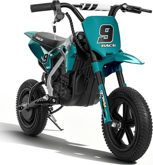 24V Electric Dirt Bike for Kids 6-12- Max 11 MPH & 10 Miles Long-Range, 250W Electric Motorcycle with Twist-Grip Throttle, 12" Knobby Tires, Spring Suspension, Music (Green)